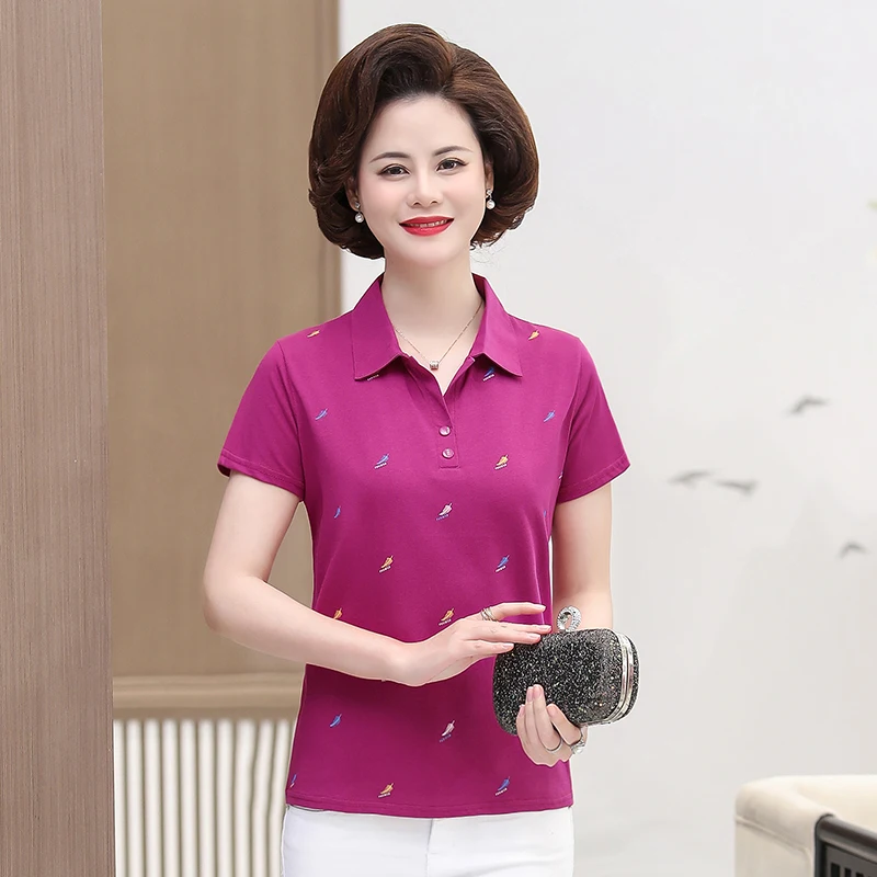

Summer Cotton Polo Shirts Women Casual Leaf Pattern Gray Red Navy Blue Purple Top Woman Leisure Comfort Turn Down Collar Wear