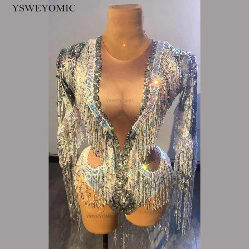 

Sparkly Rhinestones Sequin Fringes Bodysuit Long Sleeve Dance Leotard Nightclub DS Singer Dancer Costume Party Show Stage