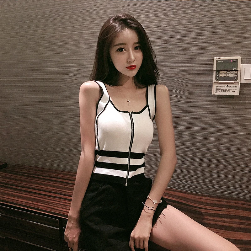 

female girls lady zipper knitting Suspended waistcoat women ins in summer 2019 new style fashion color-clashing Camis Tank Tops