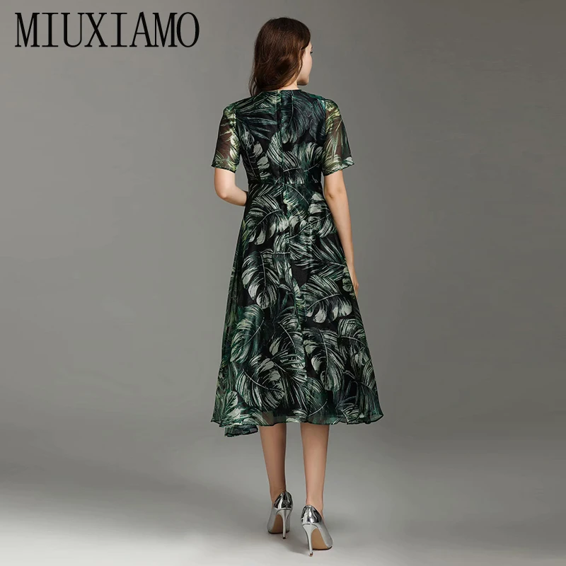 MIUXIMAO High Quality Fall&Spring Dress Green Leaf Print Office Lady Eleghant Casual Dress Women vestidos