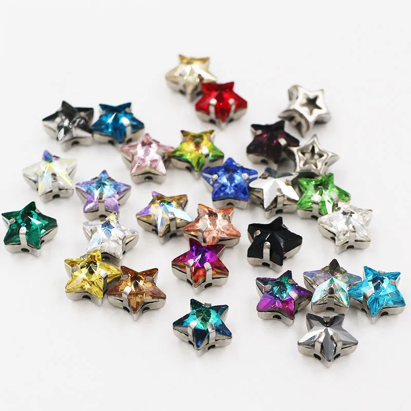 Pipatian Star Crystals Sewing on Rhinestone Beads for Needlework Metal Base Strass Colorful Fabric Decoration Star for Sewing