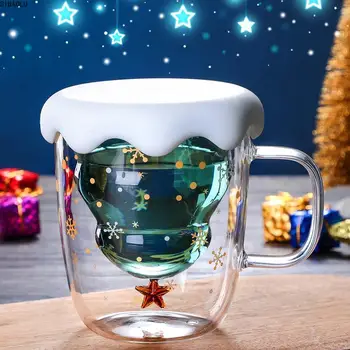 

Cute Christmas Tree Mug Double Wall Glass Coffee Cups with Silocone Lid Snowflake Star Xmas Gift Wine Tea Milk Water Tumbler