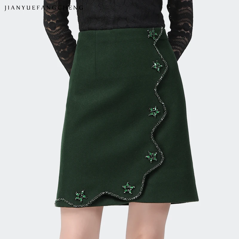 women-winter-dark-green-short-woolen-skirt-fashion-irregular-beading-high-waist-a-line-above-knee-mini-skirts