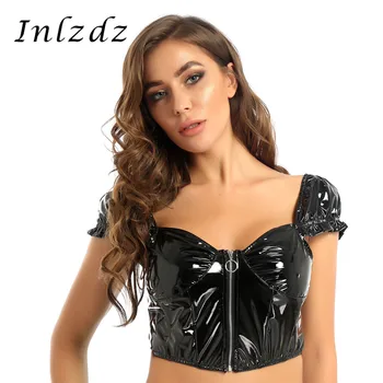 

Womens Pole Dance Top Rave Clothes Short Puff Sleeve Crop Top Bustier Front Zipper Wet Look Patent Leather Rave Corset Clubwear