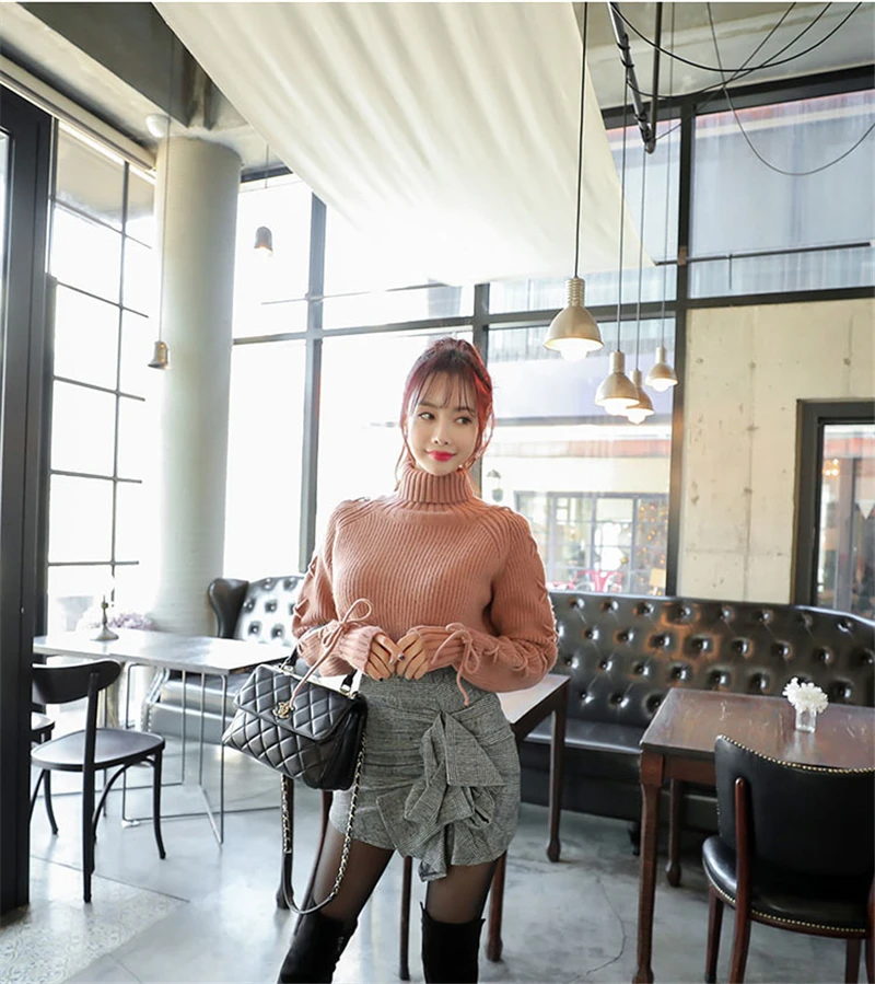 BGTEEVER Winter Thick Turtleneck Knitted Jumpers for Women Sweater Fashion Cross Lace Up Winter Sweater Female Pullovers