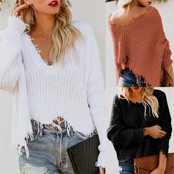 

2019 autumn and winter new women's sweater deep v neck exposed umbilical tassel sweater
