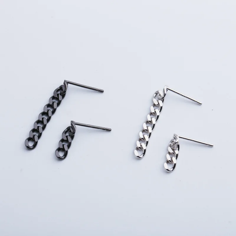 

925 Silver Cross O Extension Chain Shape Earrings Black/Silver Color Asymmetry O-Chain Drop Earrings HJD90-342JKSDF