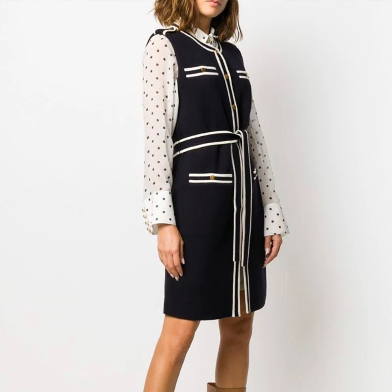 

and 2021 Autumn Spring New Fashion Bow Tie Lace Knitted Vest Jumper Dress Sleeveless Stitching All-match Women Dress