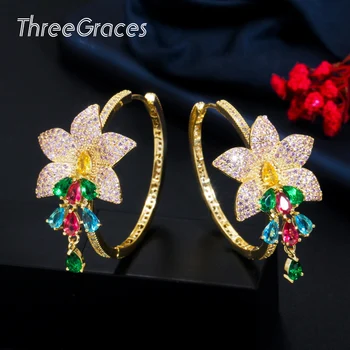 

ThreeGraces Luxury Flower Tassel Drop Rainbow Cubic Zirconia Yellow Gold Circle Big Hoop Earring Noble Women Bride Wedding ER444