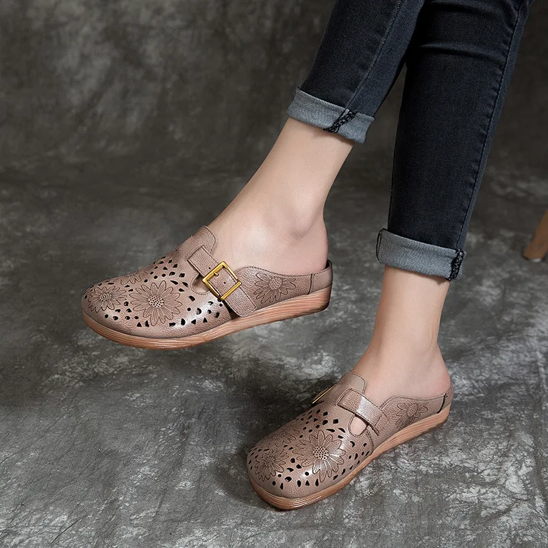 

[] 2019 Summer New Style Retro Semi-Slipper Full-grain Leather Leisure Slippers Women's Outer Wear Hollow out Porous Shoes