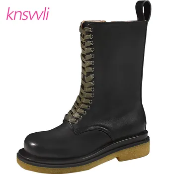 

Genuine Leather Chelsea Boots Woman Lace Up Platform Shoes Winter Thick Sole Short Boots Casual Flat Motorcycle Boots Women