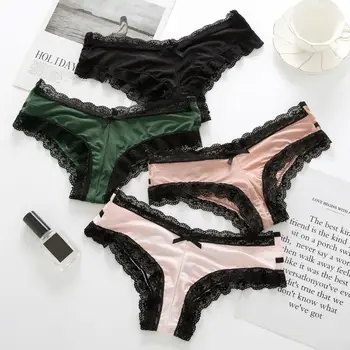 

Women Lace Stitching Panties Sexy Low Waist Cotton Crotch Briefs Underwear Silkly Comfort Bow Twist Panties