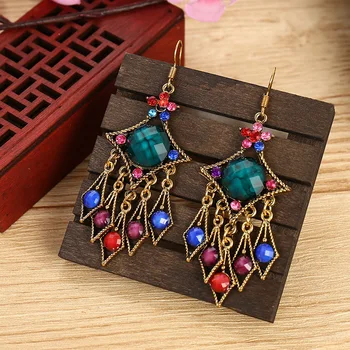 

Bohemian Ethnic Antique Earrings Exaggerated Geometric Hollow Long Metal Ball Tassels Earrings For Women