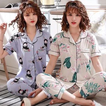 

2020 Summer Short Sleeve Long Pants Pajama Sets for Women Cotton Print Sleepwear Femme Lounge Homewear Pijama Mujer Home Clothes