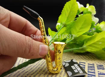 

New 1pcsSaxophone Shape Metal Tobacco Pipes for Smoking Pipe With Retail Package 5 pcs Silver Screens Herb Smokers S/L size