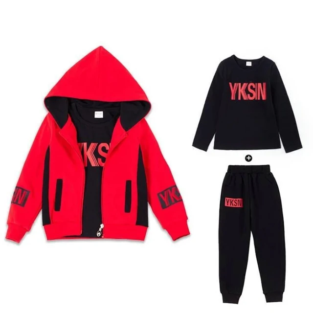 Sports Suit for Girls 3PCS/Set Children Clothes Cotton Hoodie + T-shirts + Pants Kids Tracksuit for Girls 5 6 7 8 9 10 12 Years Red