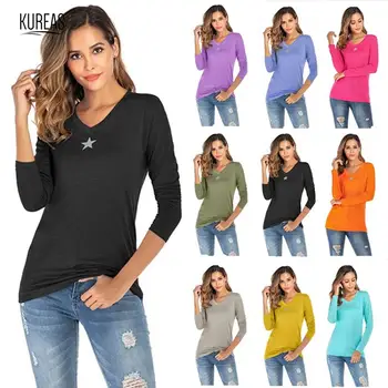 

Kureas Basic T Shirts Women 2019 Winter Autumn Knitted Star Long Sleeve T-Shirt Casual Elastic Soft Comfy Slim Fit V Neck Tops