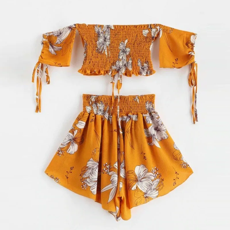 Off Shoulder Cinched Floral Women Set Slash Neck Short Sleeves Crop Top High Waist Shorts Set Beach Boho Suits Summer