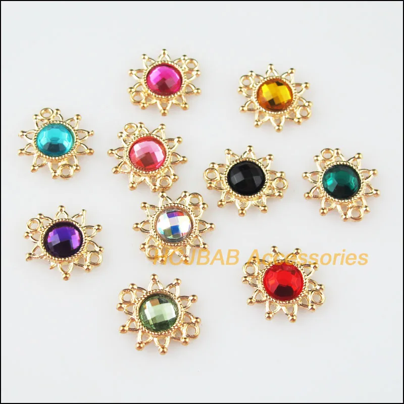 

20 New Sun Flower Mixed Charms Crystal Pendants Gold Color Connectors 14x15mm