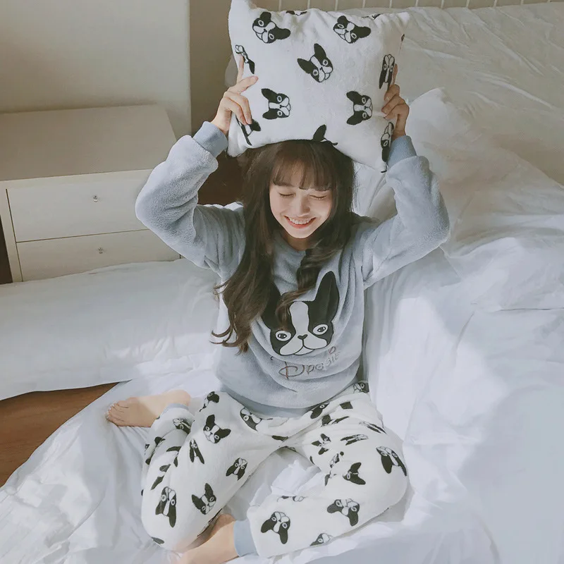 

Coral Velvet Pajamas Women's Autumn And Winter Long Sleeve Warm Thick plus Velvet Cute Flannel Top Grade Homewear Set