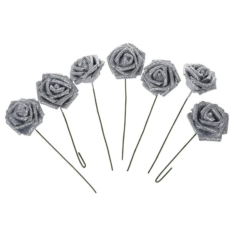 

7 Foam Rose Artificial Flower Glitter Bridal Bouquet Home Wedding Decoration Silver