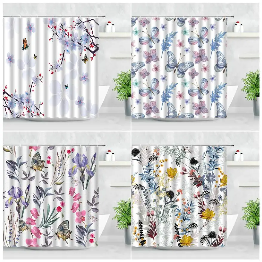 

Вода Цвет бабочка цветок занавески цветок, растение, свадебная брошь, водонепроницаемая ткань с рисунком для ванной комнаты Экран, крючки, станок и занавеска для ванны набор