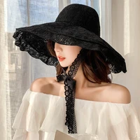 HT3574 2021 New Fashion Women Summer Hat Ladies Solid Lace Wide Brim Sun Hat Bucket Cap Female Elegant Packable Panama Beach Hat 1