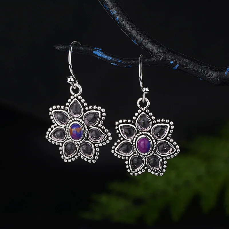 Ретро Marcasite Charoite Лепестковые серьги женские персиковые цветы фиолетовые Серебряные Серьги с драгоценными камнями
