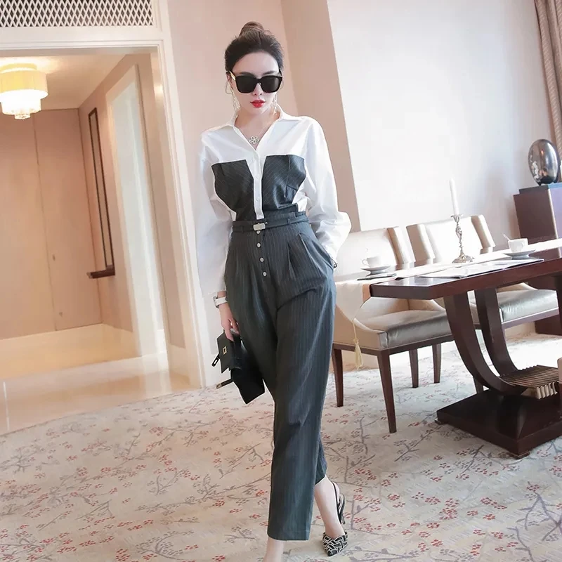 

Spring & Autumn Women's Patchwork Blazer Coat 2 Pieces Set Fashion Jacket Outfit Ladies Sashes Blazer Suits Set