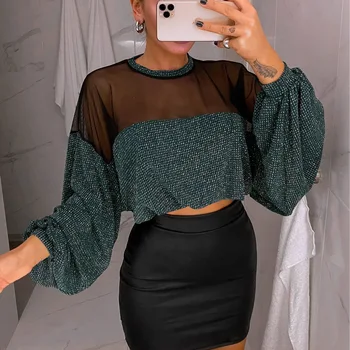 

Mesh Patchwork Blouse Shirt Women 2020 Spring Long Lantern Sleeve Perspective Kitted Tops Ladies Cropped Tee Shirts Bulsas D30