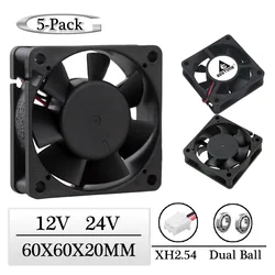 5 Pcs Gdstime DC 12V 24V 60x60x20mm Dual Ball Motor Cooling Fan 60mm x 20mm 6020 Brushless Equipment Case CPU Chip Cooler Fan