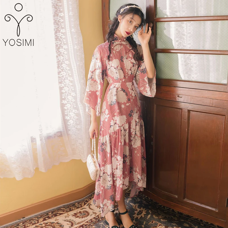 Chiffon Lange Vrouwen Jurk Elegante 2020 Lente Bloemen Verbeterd Cheongsam Vrouwelijke Vestidos Vintage Mid-Kalf Roze Jurk Party Chiffon Lange Vrouwen Jurk Elegante 2020 Lente Bloemen Verbeterd Cheongsam Vrouwelijke Vestidos Vintage Mid-Kalf Roze Jurk Party