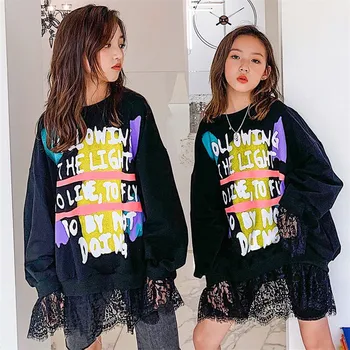 

3-18 Years of Teens Children's Kids Black Lace Patchwork Letter Pattern Printed Sweatshirt Dresses for Girls Cute Clothing