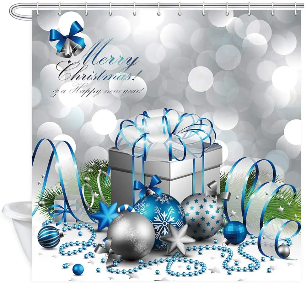 Счастливый Рождество серебряный и синий Рождественский шар и Подарочная коробка для новогодних банных штор