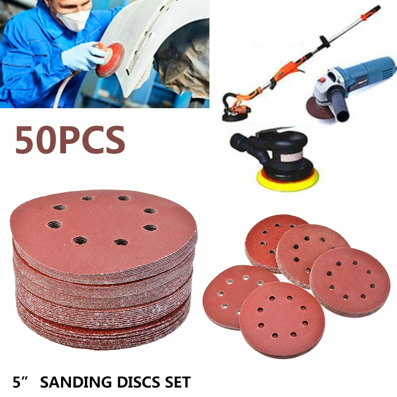 

50pcs 5'' Round Sanding Discs 125mm Sander Pads Sheet 40 60 80 120 240#Grits Hook And Loop Orbital Abrasive Sanding Tool