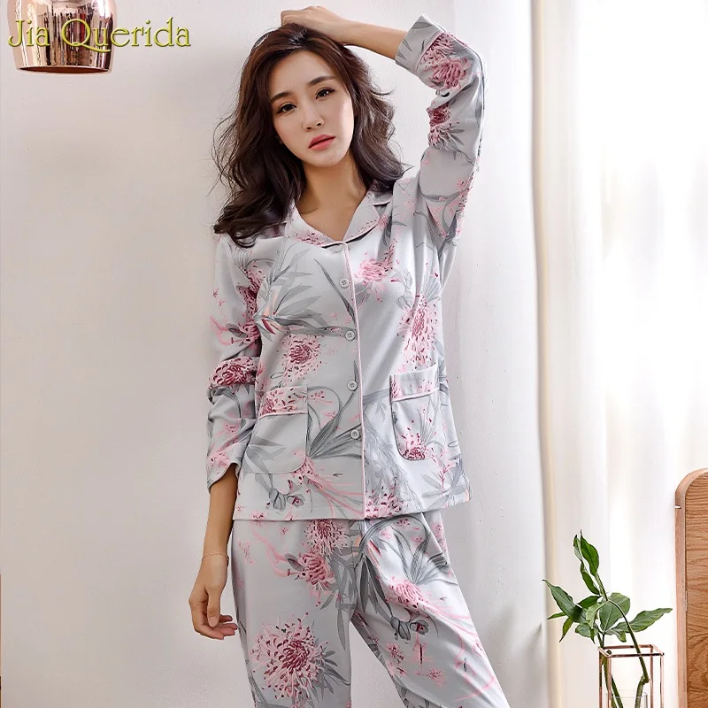 Pajamas For Women New Pure Cotton Women Home Suit XXXL Grey Floral Lapel Cardigan Top+Long Bottoms 2 Pcs Women Pajamas