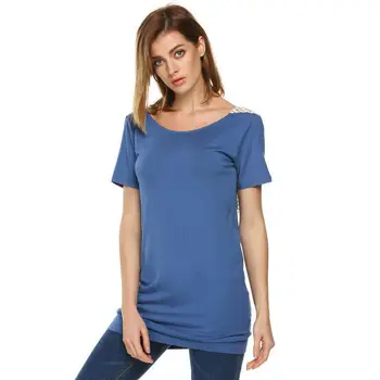 

Daily suit OWLPRINCESS Summer 2019 new style lace neck short sleeve women's T-shirt stitching T-shirt