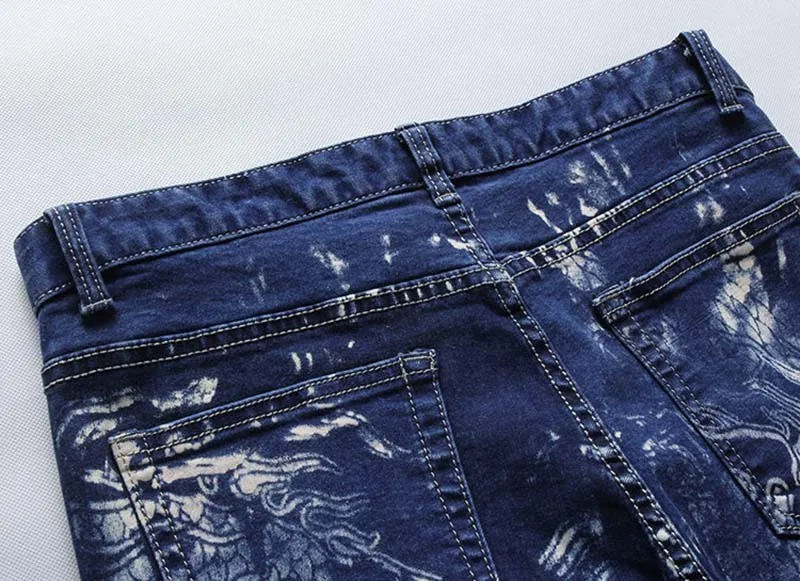 KIOVNO Men Fashion Printed Jeans Pants Dragon Painted Slim Fit Denim Trousers For Male Size 28-38 Blue Color (7)
