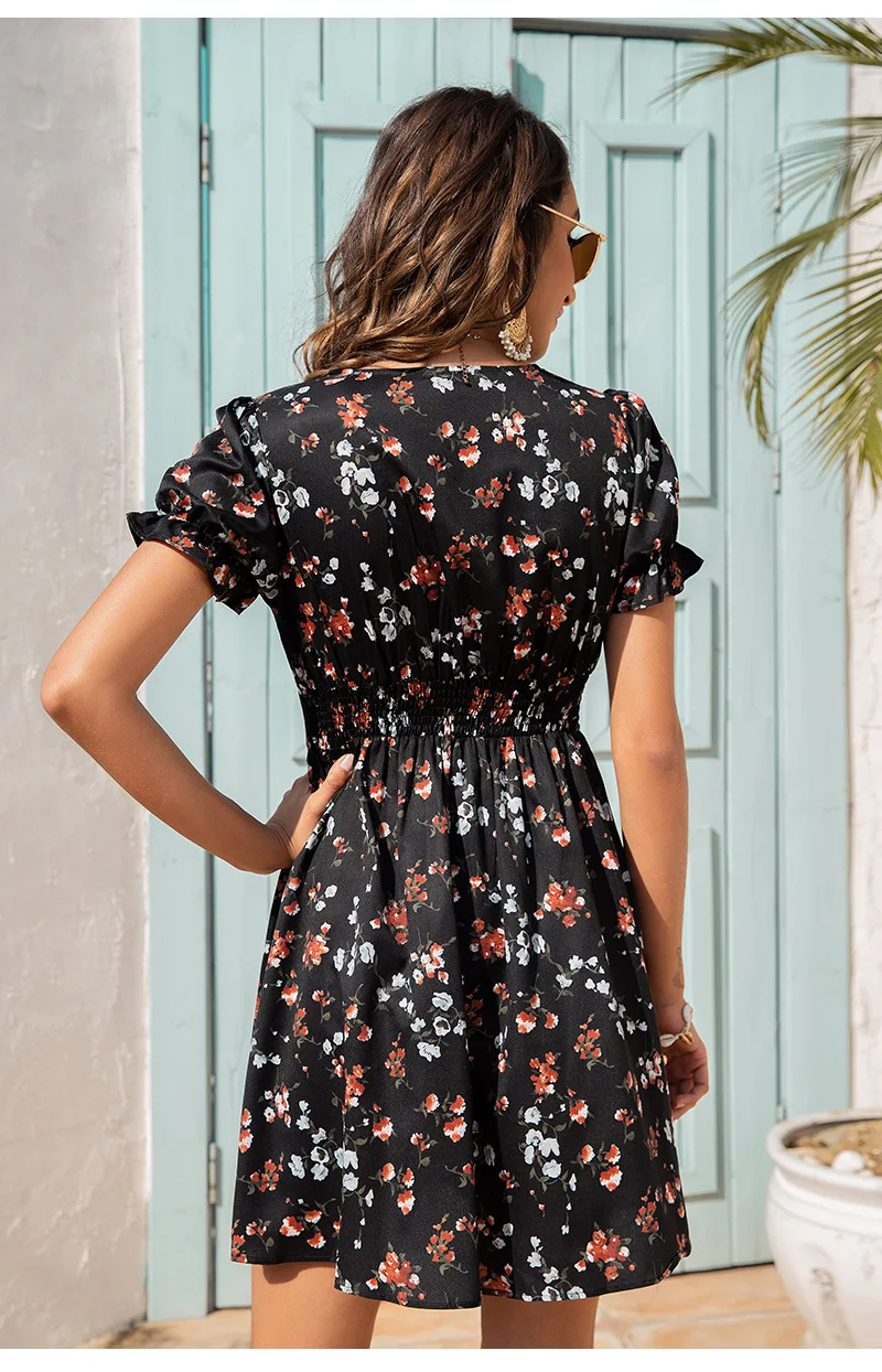 Women Short Sleeve Floral Mini Dress Casual Green Print Puff Sleeve Dresses Summer 2021 Ladies Sexy V Neck Button Beach Dress