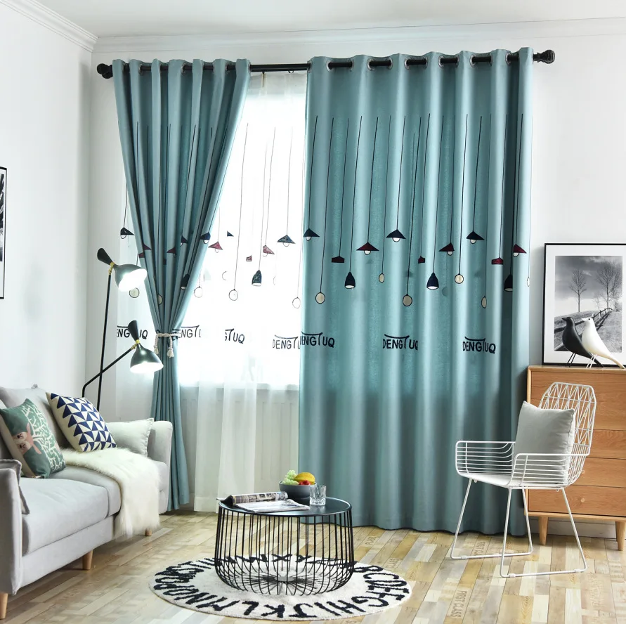 

Nordic Modern Custom Left and Right Double Open Blue Embroidered Lamp Curtain Bedroom Kitchen Living Room Shade Curtain