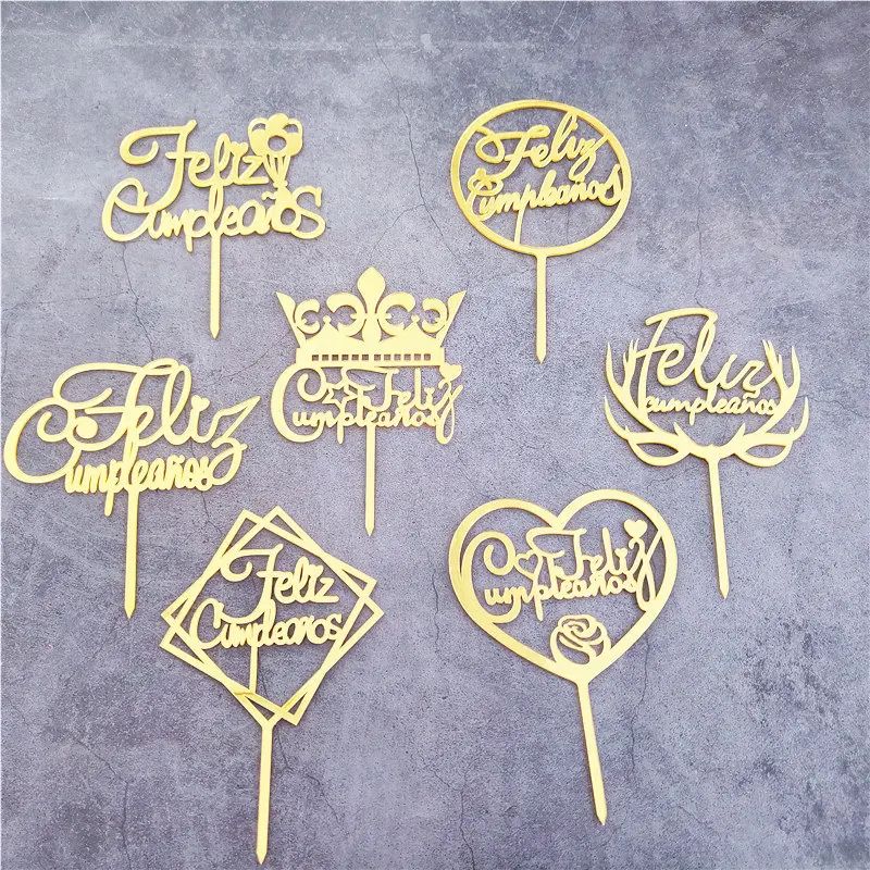 Acrylic Spanish Language Happy Birthday Cake Topper Golden Black Birthday Party Cake Toppers For baby Shower Dessert Decorations party decorations birthday party supplies cake topper cake decorations cake toppers gold leaf cake decorations