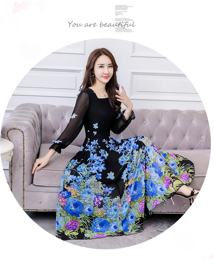 Осень Новое поступление размера плюс M-4XL корейский квадратный воротник цветочный принт длинный рукав женское шифоновое длинное платье