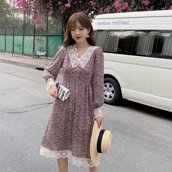 

Women Chiffon Dress 2020 Spring Summer Fashion Female Long Sleeve Printed Casual Lace Dresses Elegant A-line Vestidos