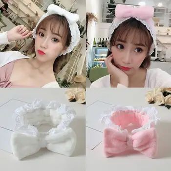 

Coral Fleece Hair Band Elastic Lace Bow Loop Headband For Women Wash Face Lady Bath Mask Cosmetic Hair Accessories