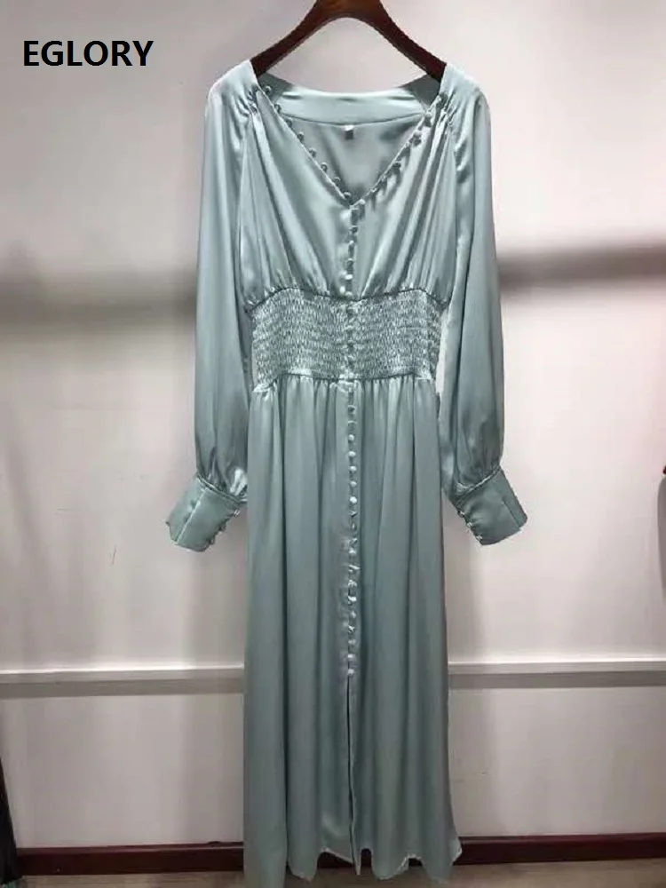 

2020 Autumn Winter Fashion Blue White Dress High Quality Party Women V-Neck Vintage Buttons Front Long Sleeve Dress Beautiful