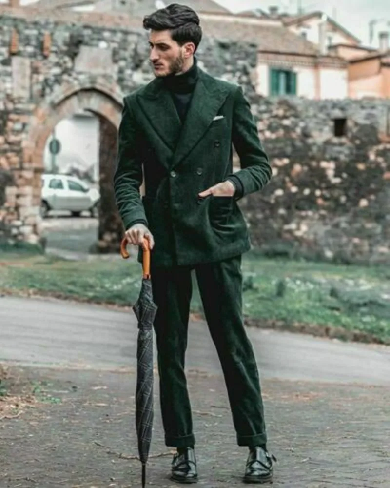 Men Green Corduroy Tailor-Made 2 Pieces Wedding Tuxedos Slim Fit Double Breasted Jacket Business Suit Formal Prom Tailored