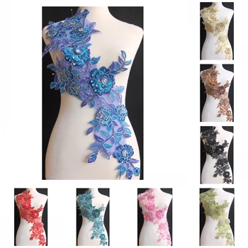 

2pcs/lot x Handmade 10Color(Blue Black Turquoise Red Pink Gold+)Sequin Beaded 3D Flower Embroidery Lace Appliques Collars BNC135