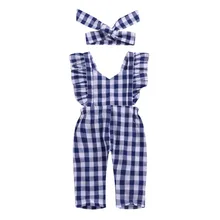 2 шт. для девочек комбинезоны летние без рукавов комбинезоны для девочек одежда из хлопка в клетку с вышитым принтом с милыми оборками для младенцев, комбинезон+ повязка на голову, 6