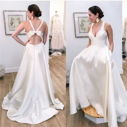 Simple Wedding Dress A-Line V-Neck Tank Bow Backless Satin Sleeveless Floor Length Sweep Train Bride Gown Tailor Made New