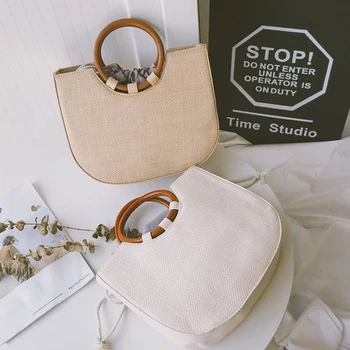 

Fashion Ring Wooden Handle Woven Handbag Straw Beach Rattan Bag Female Elegant Straw Bag Luxury Handbag